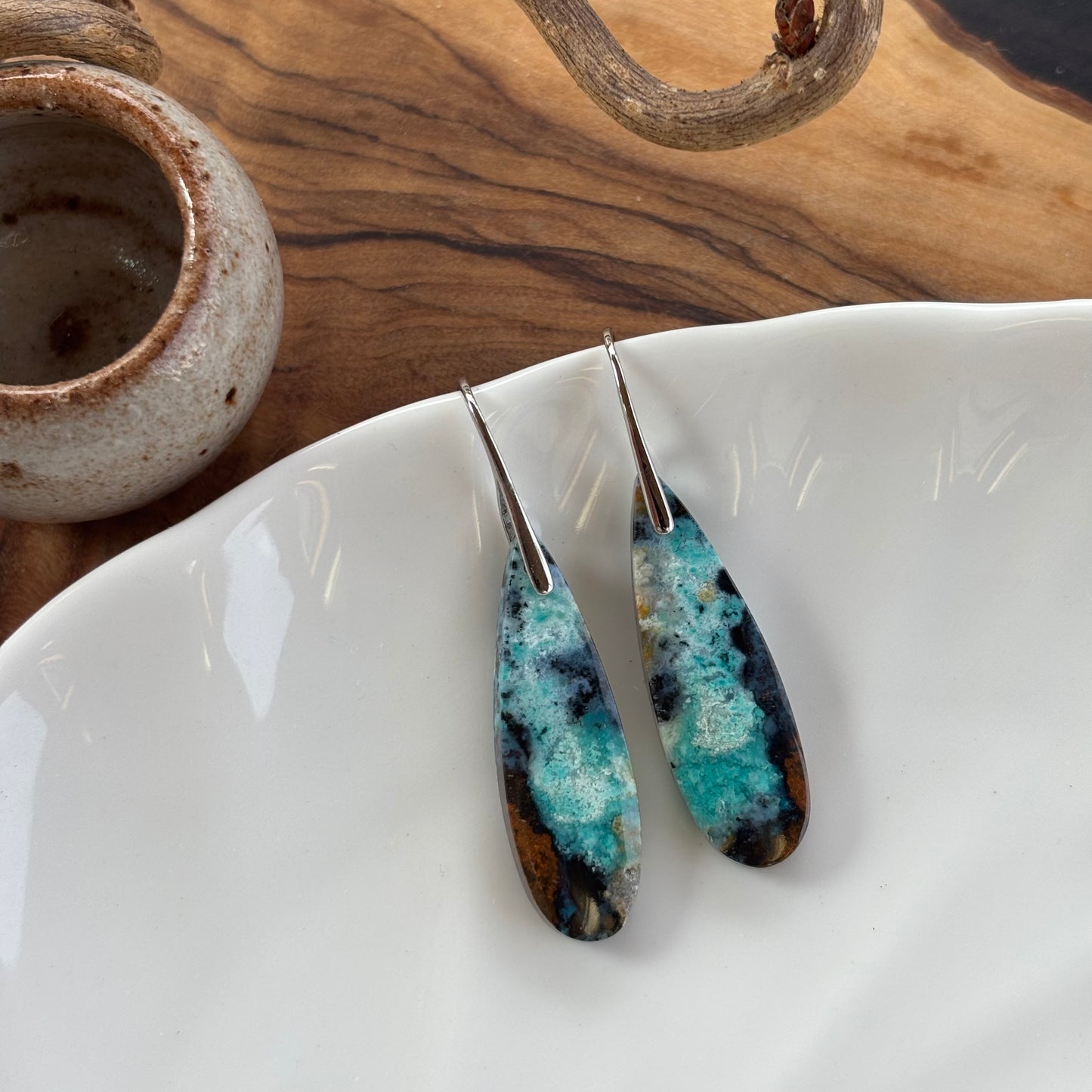 Blue Opalized Wood Drop Earrings