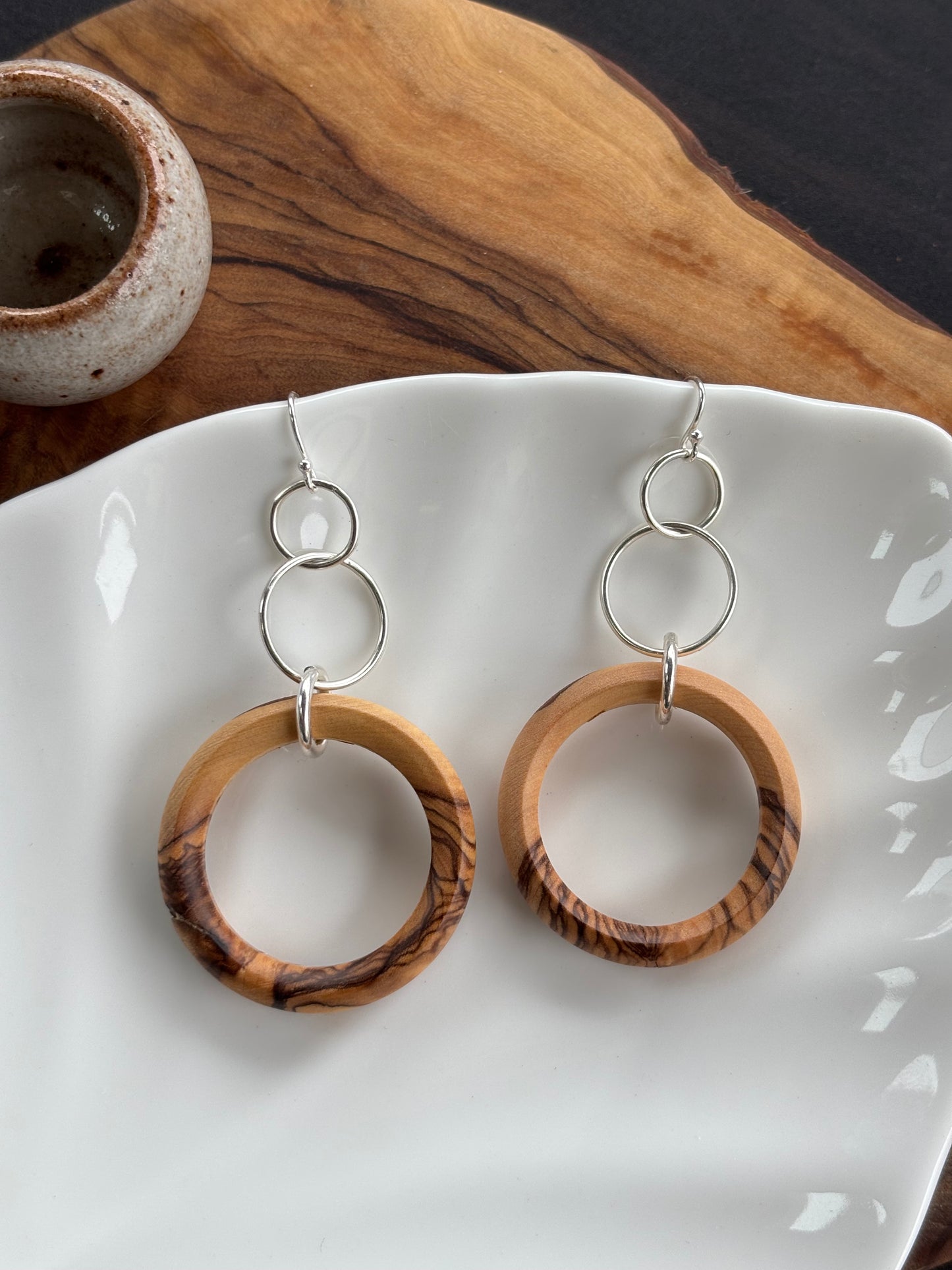 Long Olive Wood Circle Earrings