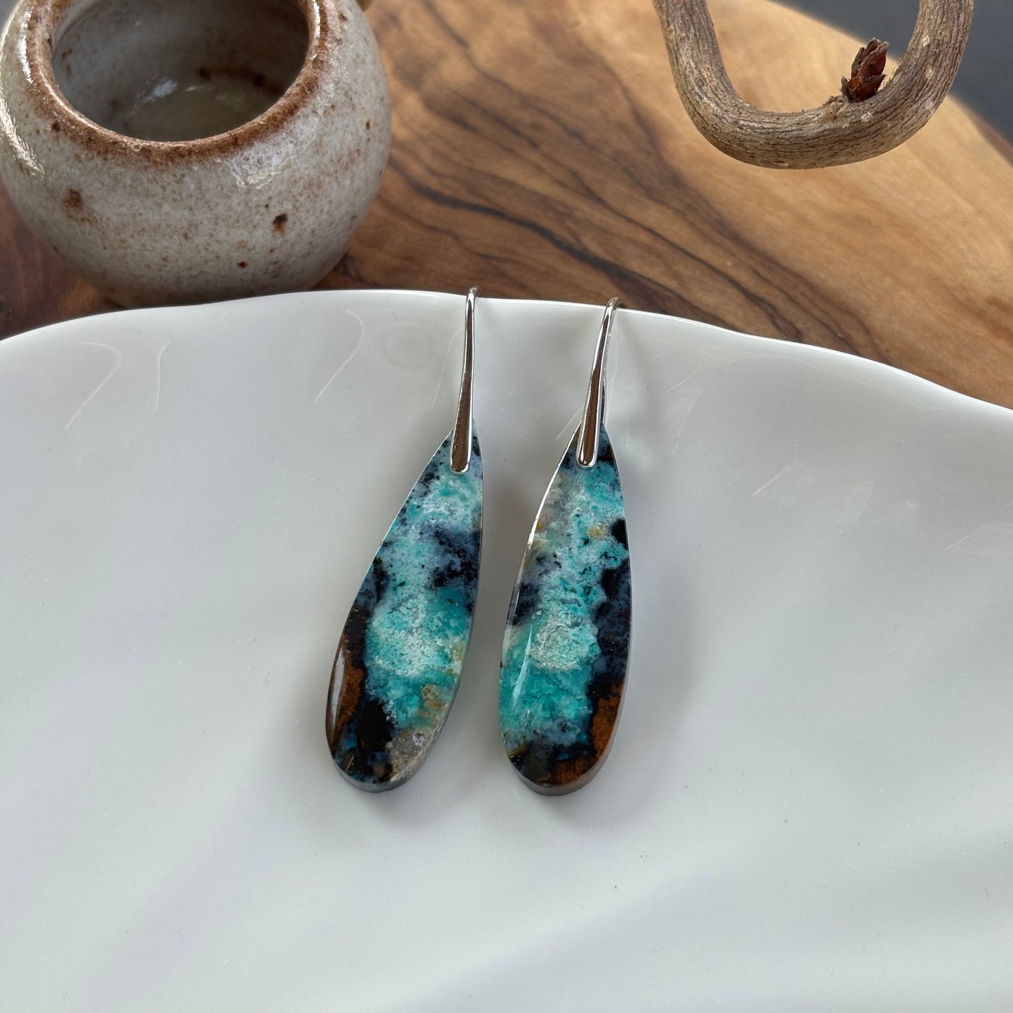 Blue Opalized Wood Drop Earrings
