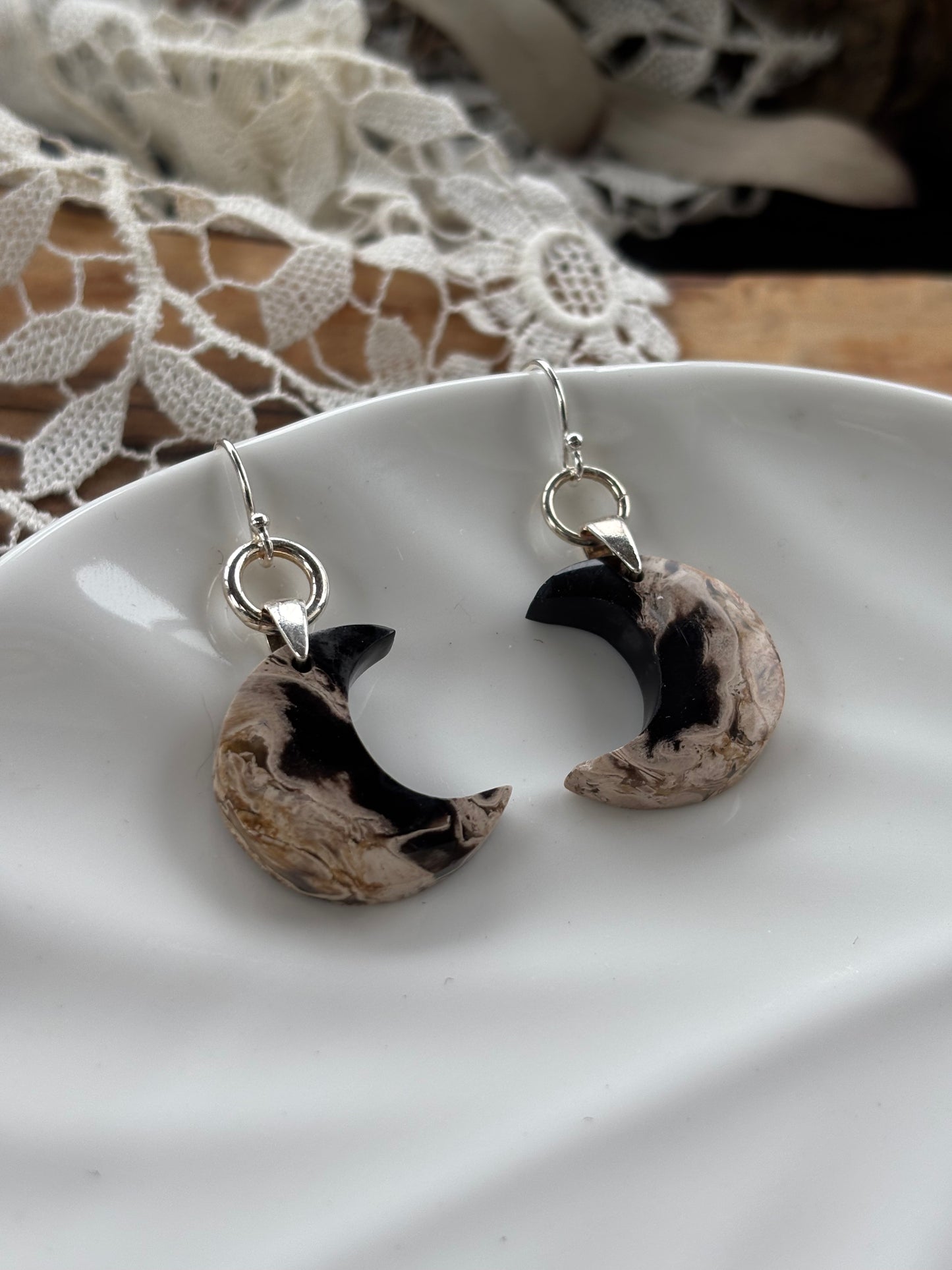 Fossilized Palm Root Moon Earrings