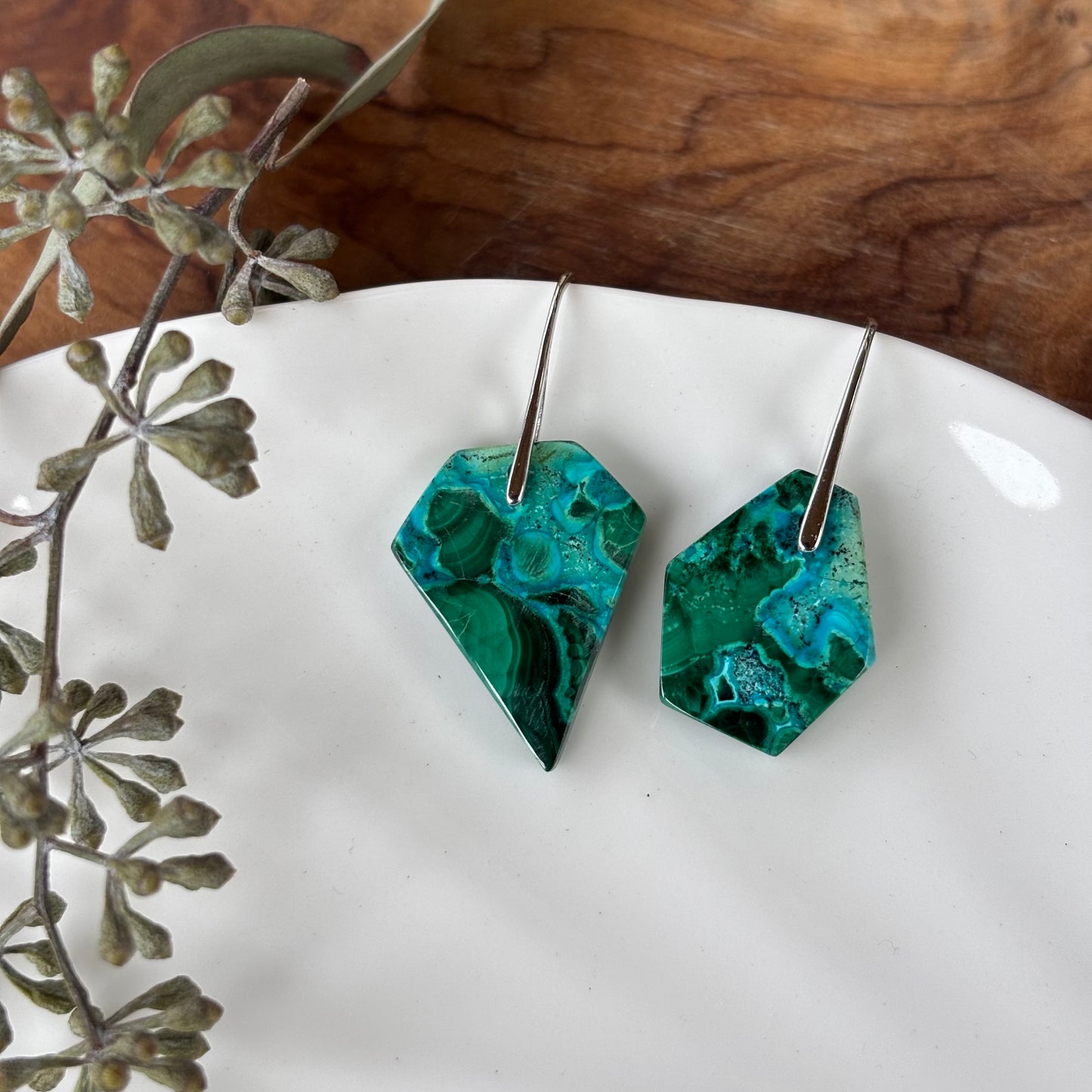 Malachite Chrysocolla Asymetrical Earrings