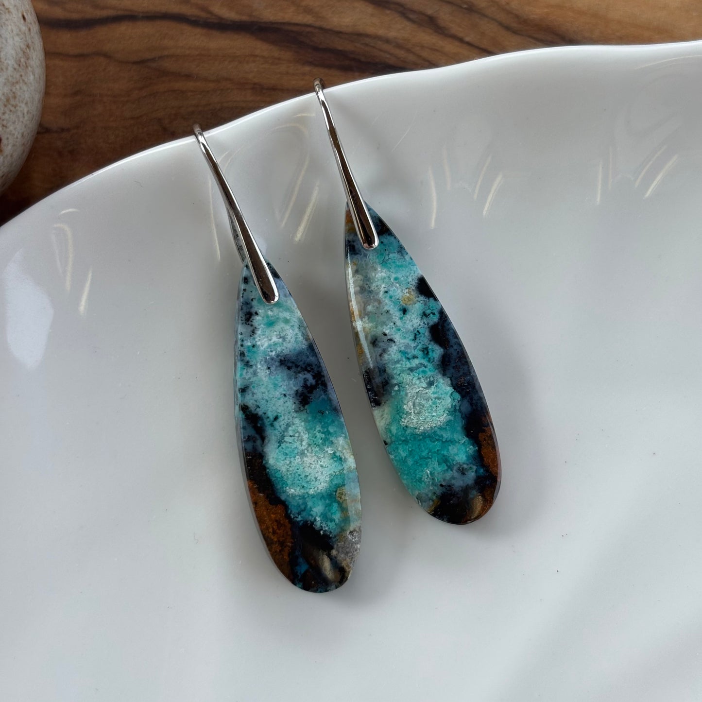 Blue Opalized Wood Drop Earrings