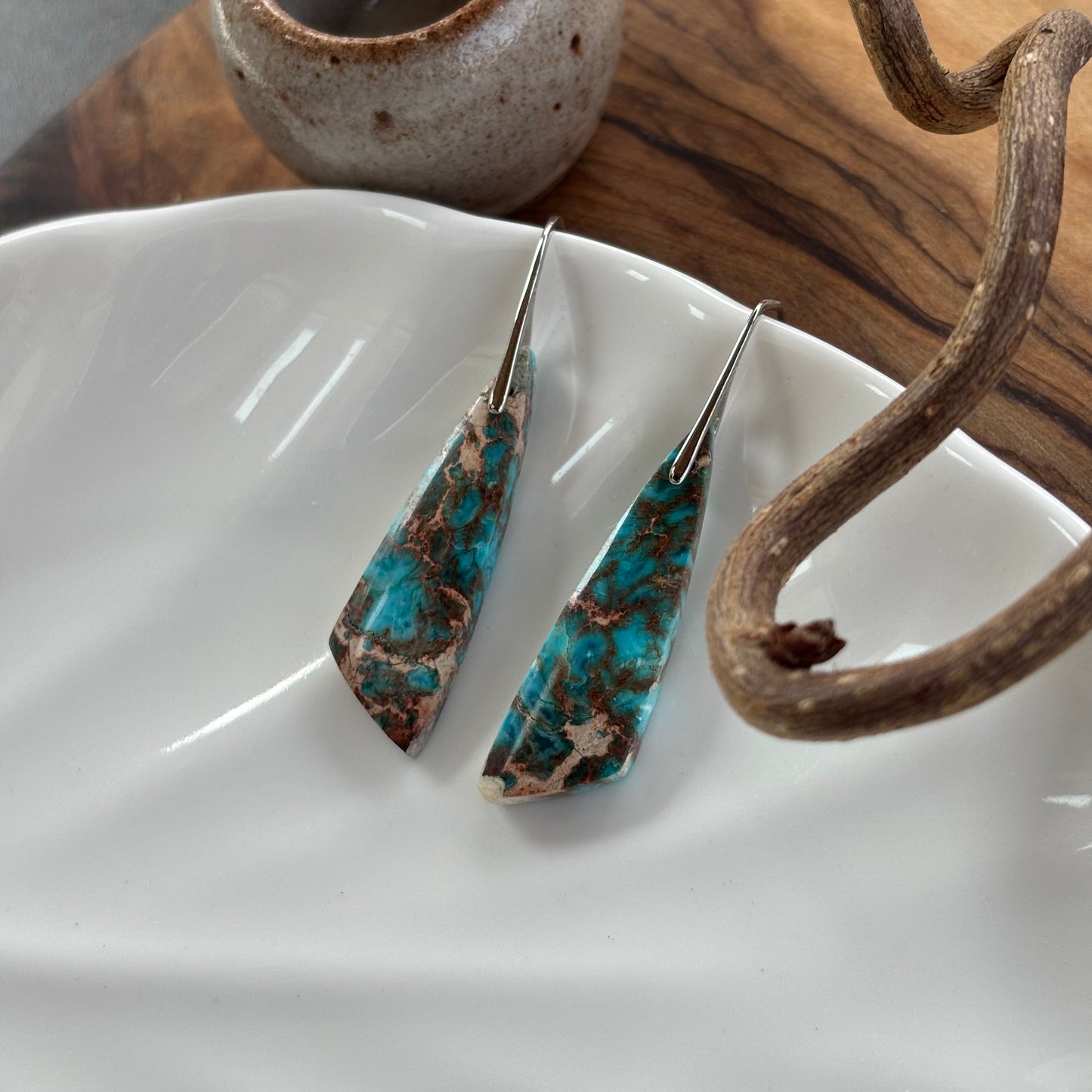 Blue Opalized Wood triangle Earrings