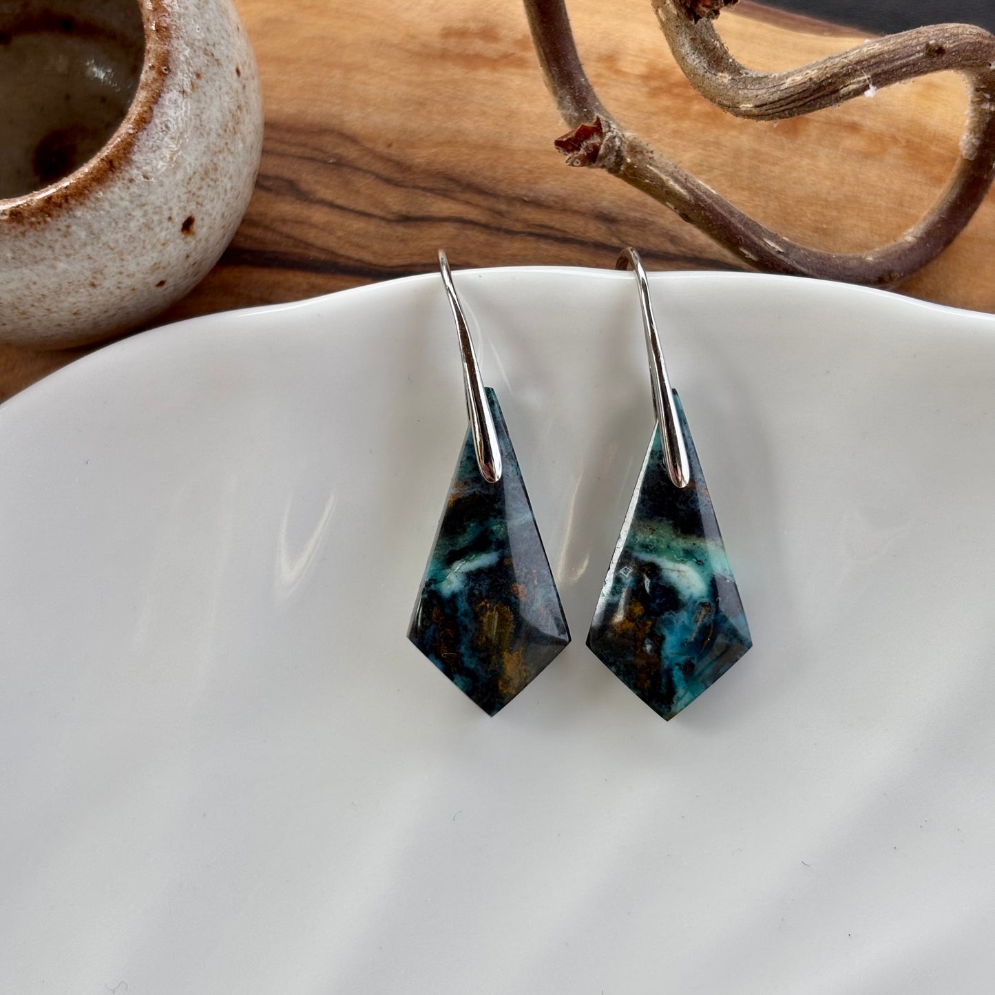 Small Blue Opalized Wood Triangle Earrings