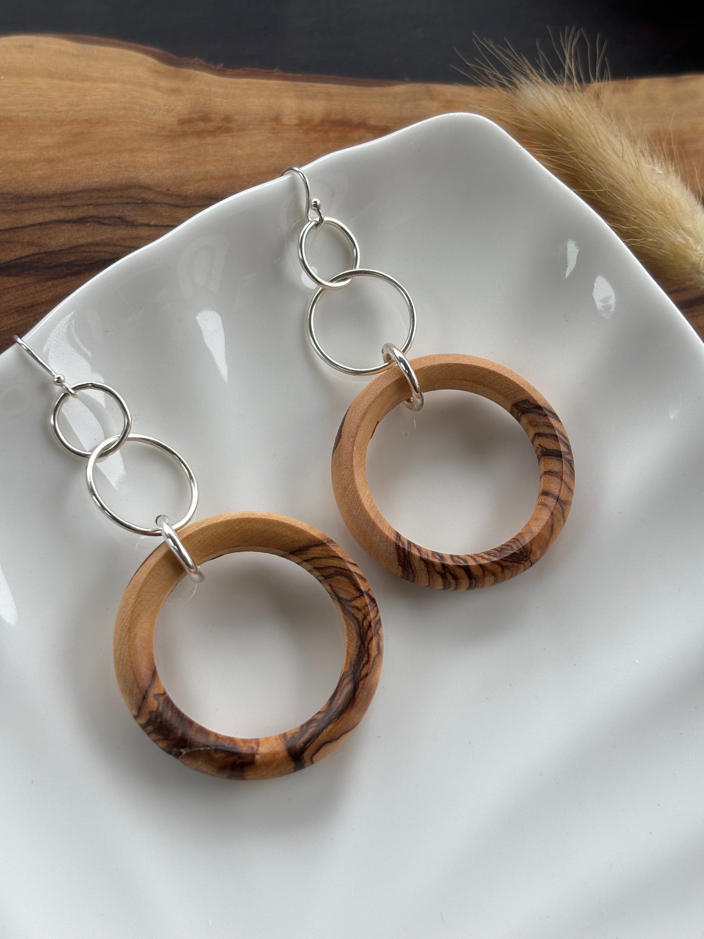 Long Olive Wood Circle Earrings