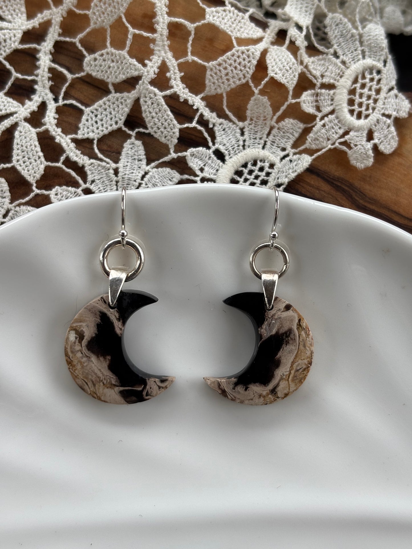Fossilized Palm Root Moon Earrings