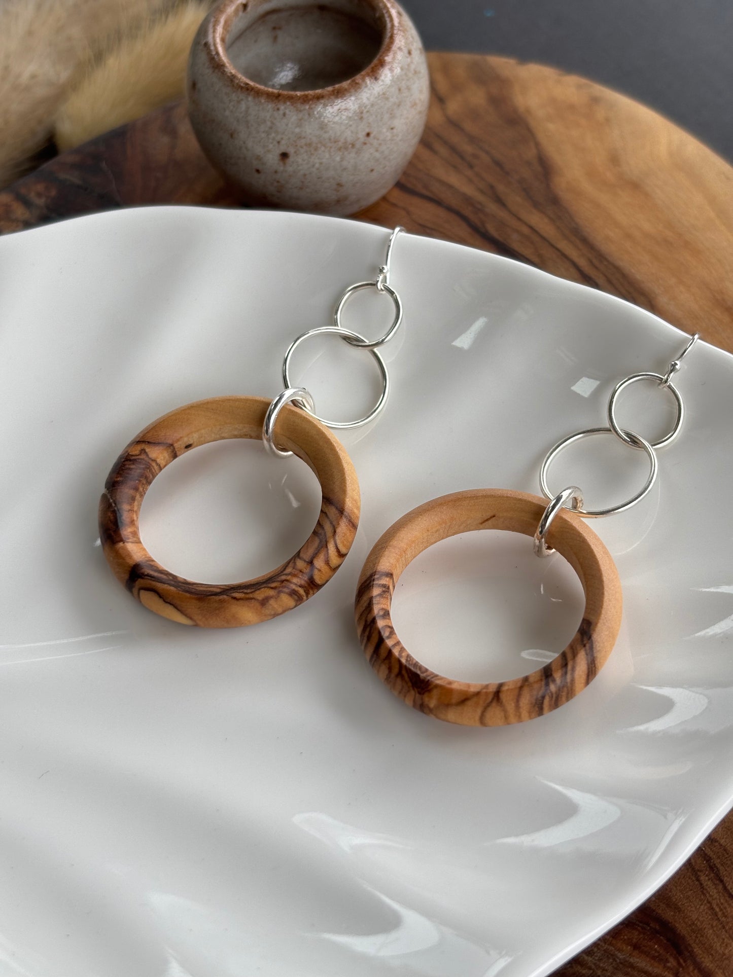 Long Olive Wood Circle Earrings