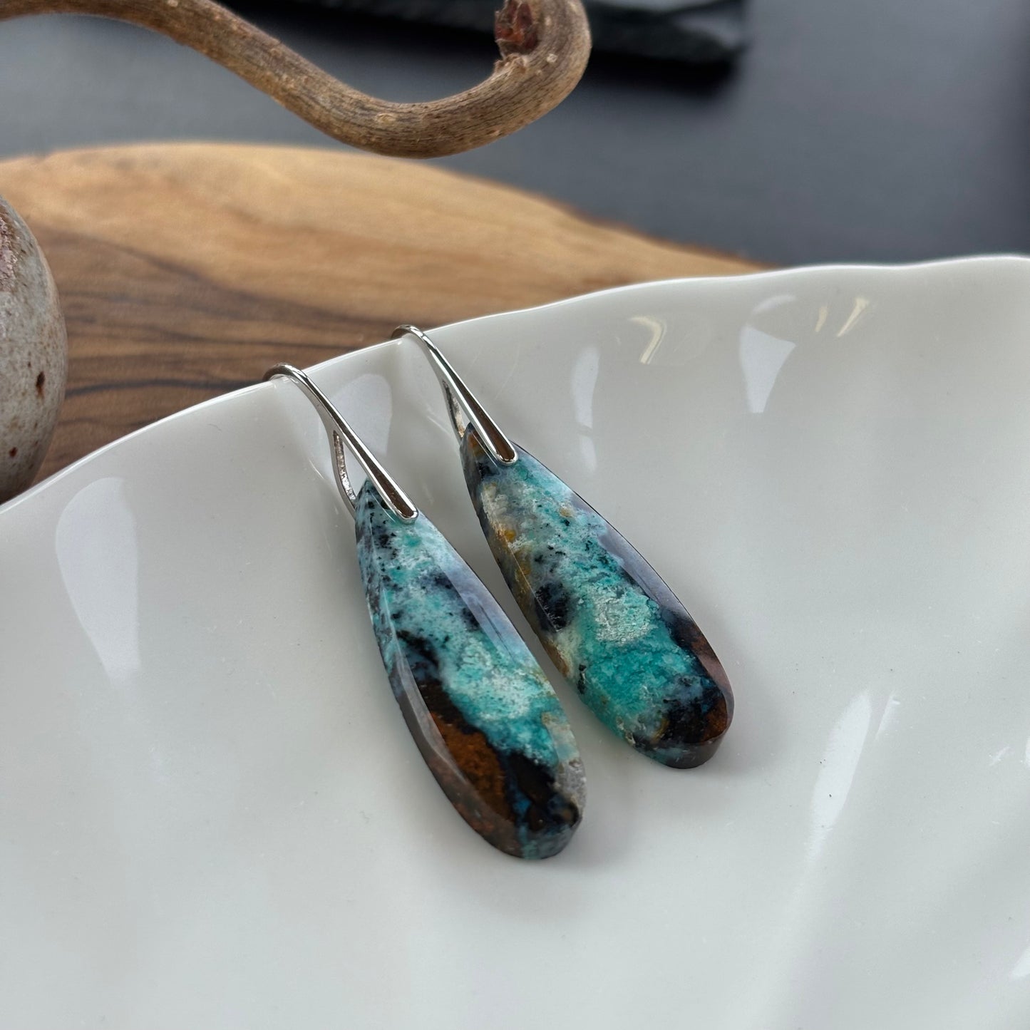 Blue Opalized Wood Drop Earrings
