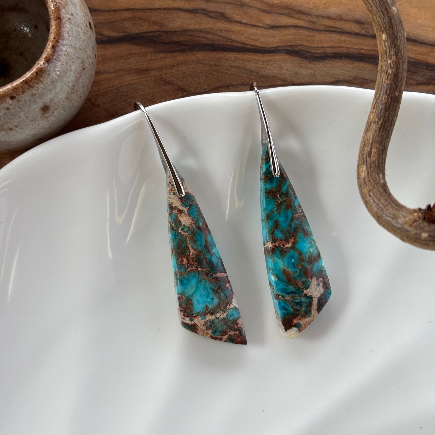 Blue Opalized Wood triangle Earrings