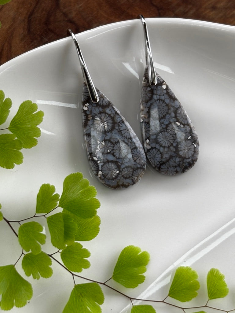 Black Fossilized Coral Dangle Earrings
