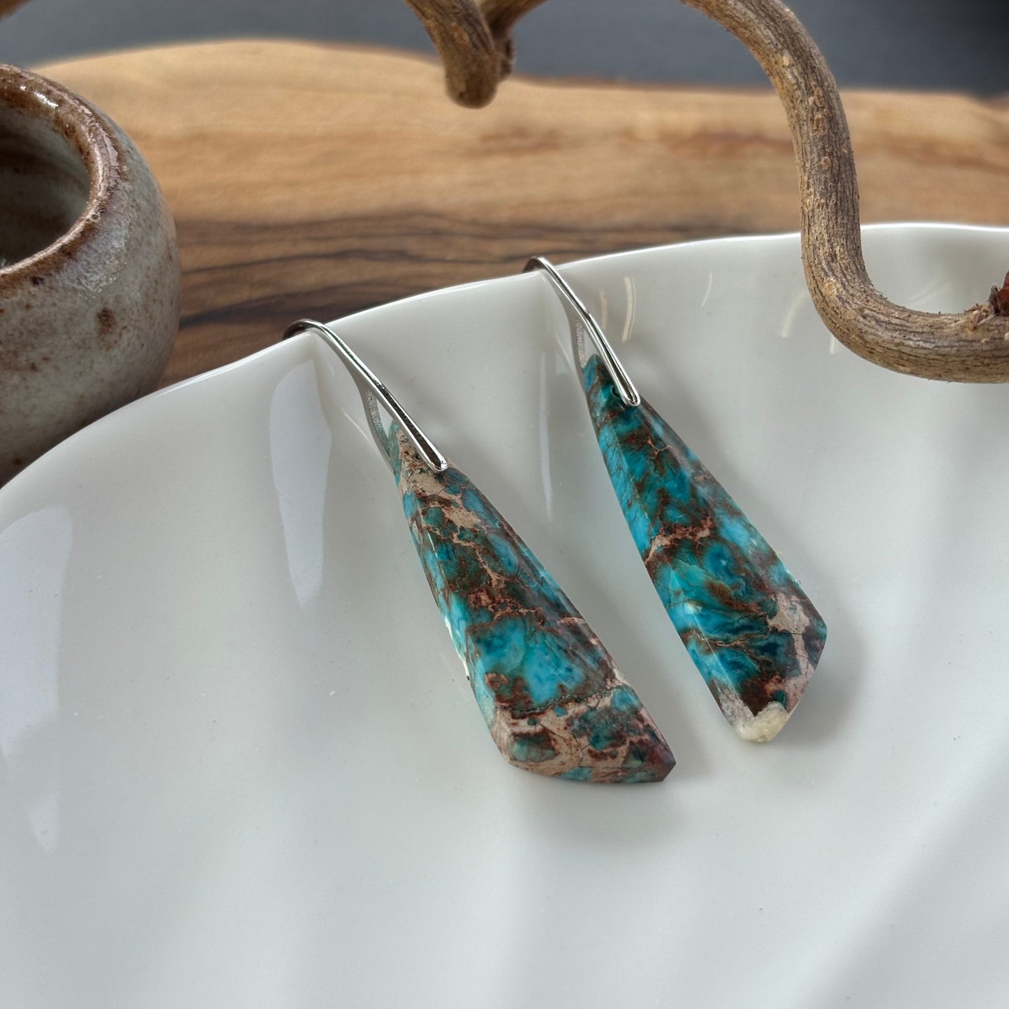 Blue Opalized Wood triangle Earrings
