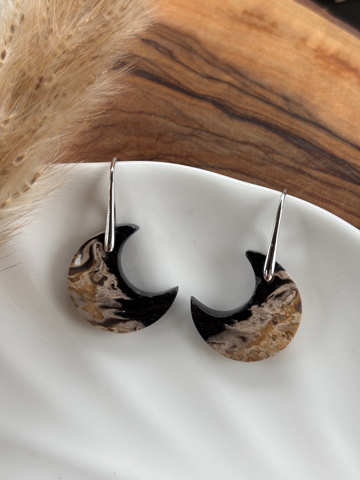 Fossilized Palm Root Moon Earrings