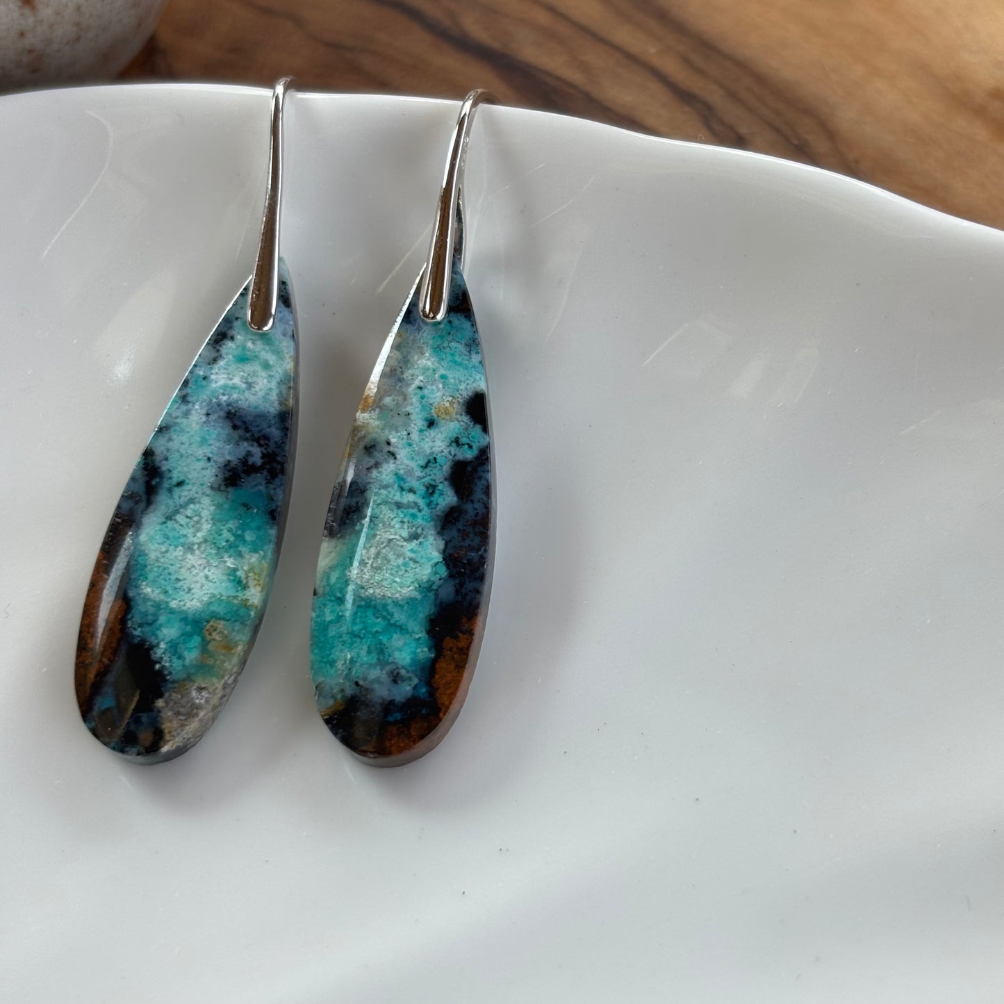 Blue Opalized Wood Drop Earrings