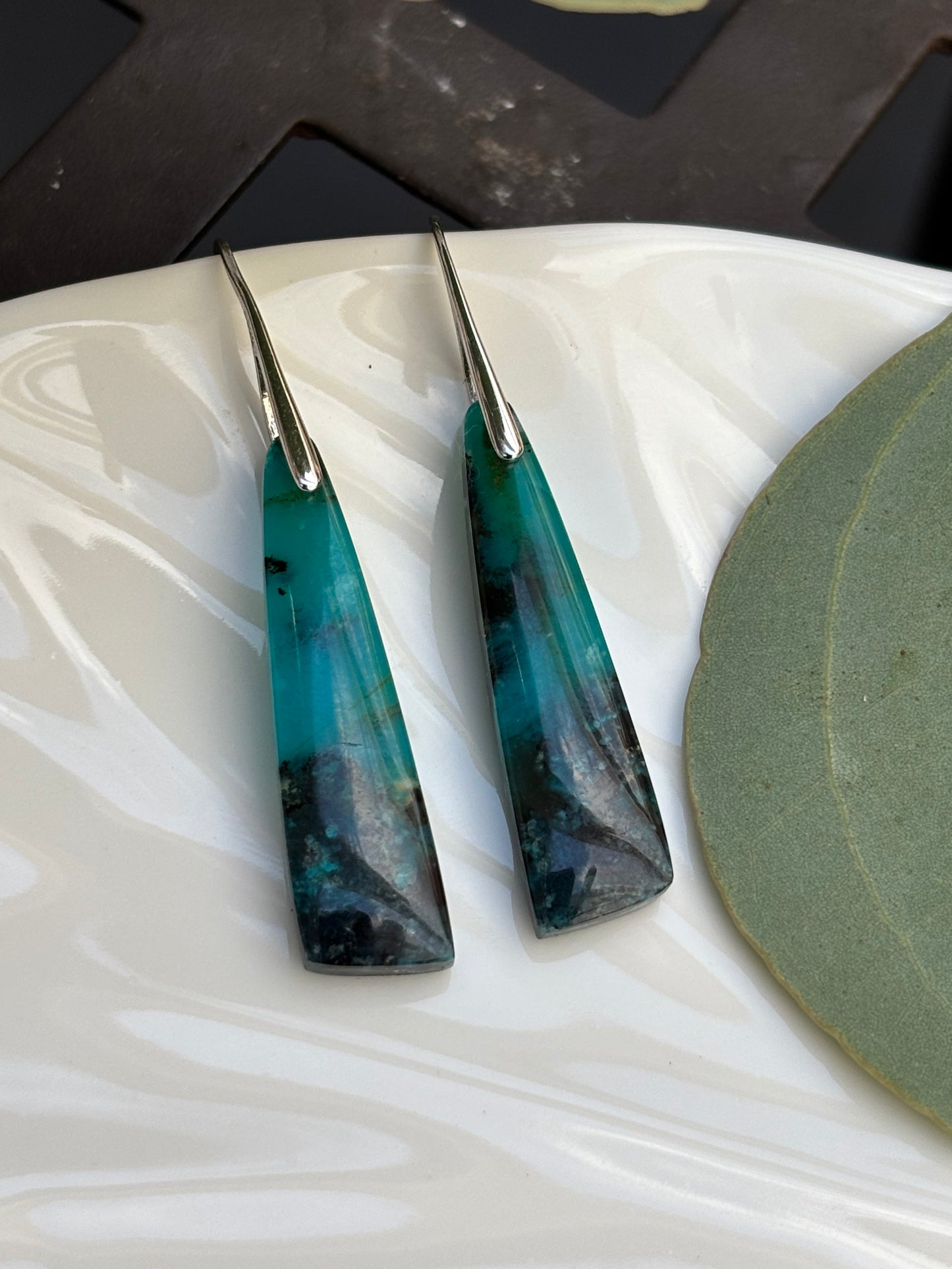 Triangle Blue Opal Wood Dangles