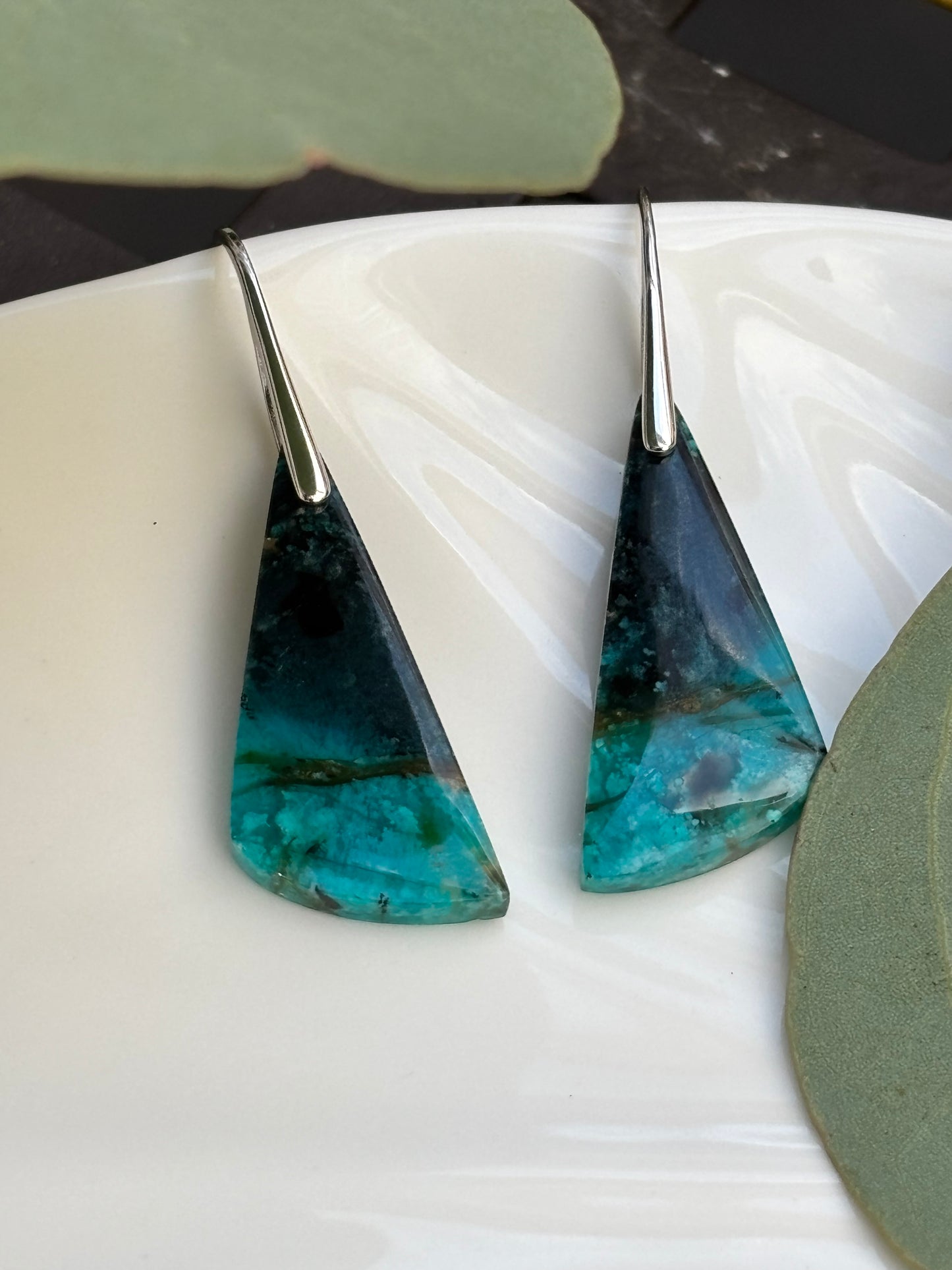 Triangle Blue Opal Wood Dangles