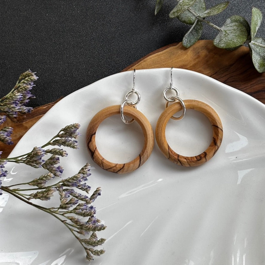 Olive Wood Circle Dangle Earrings