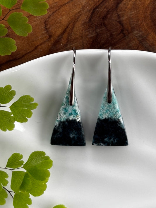 Blue Opalized Wood Triangle Earrings