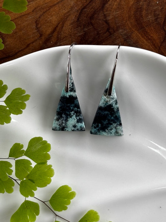 Small Blue Opalized Wood Triangle Earrings