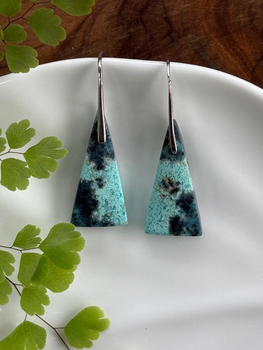 Blue Opalized Wood Triangle Earrings