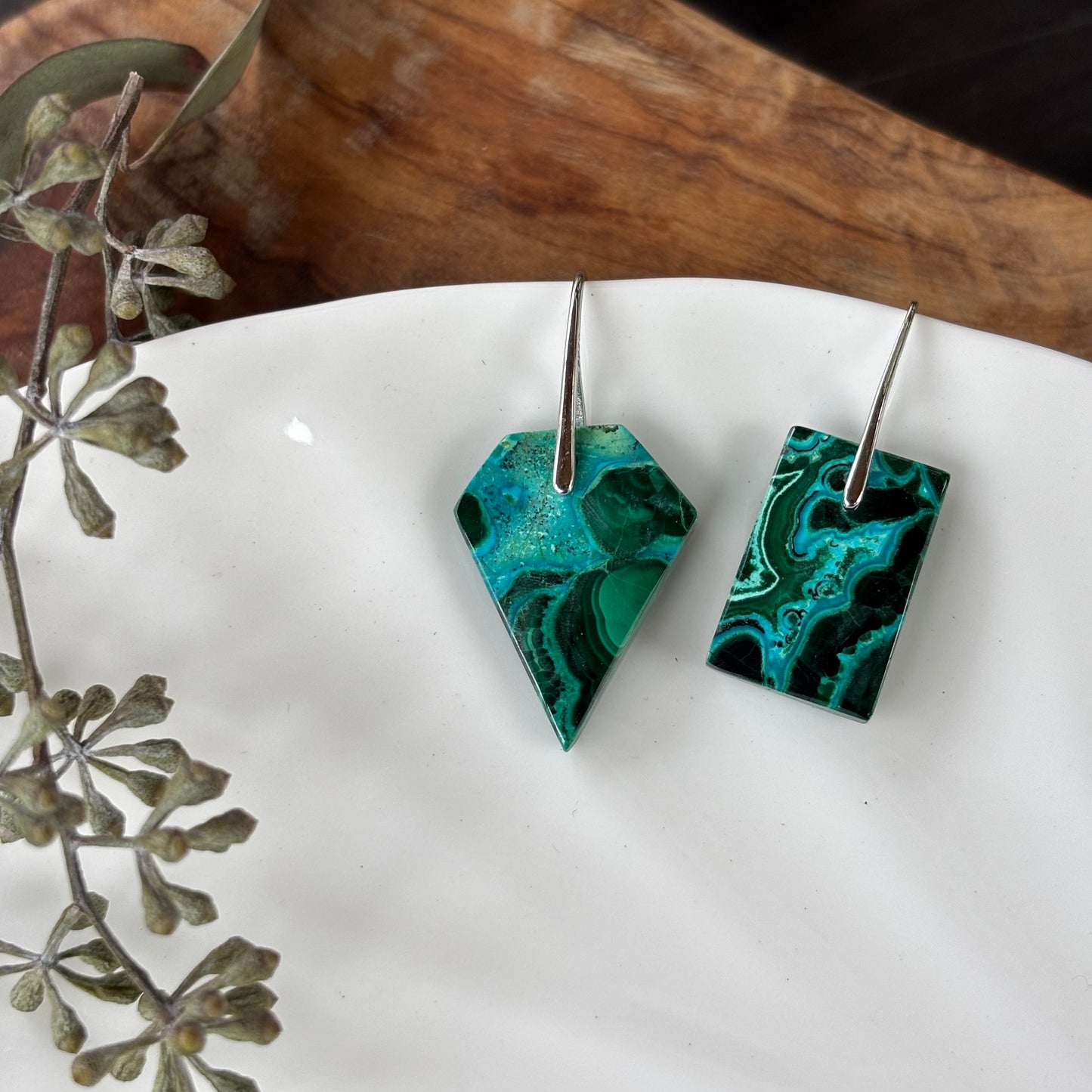 Malachite Chrysocolla Asymetrical Earrings