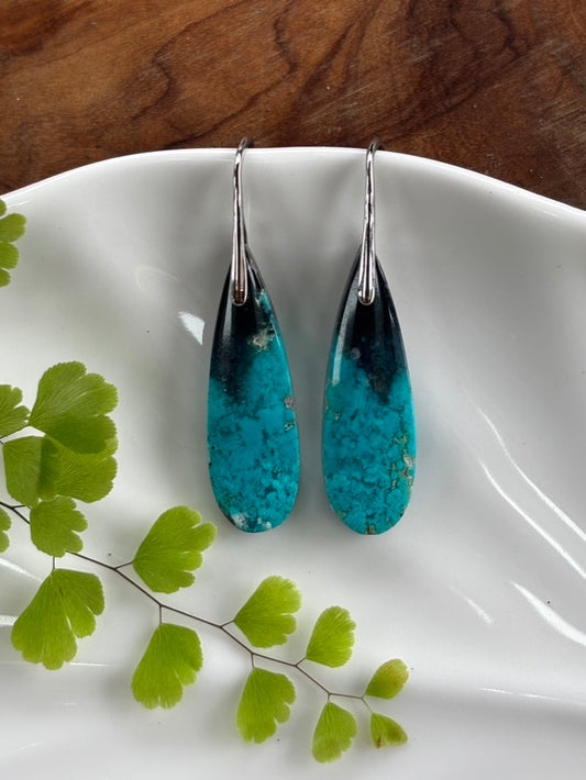 Blue Opalized Wood Dangle Earrings