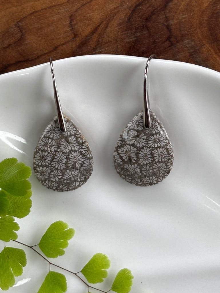 Black Fossilized Coral Dangle Earrings