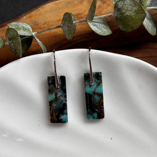 Blue Opalized Wood Dangle Earrings Small