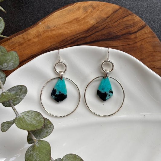 Blue Opalized Wood Drop Circle Earrings