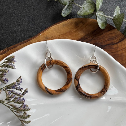 Olive Wood Circle Dangle Earrings