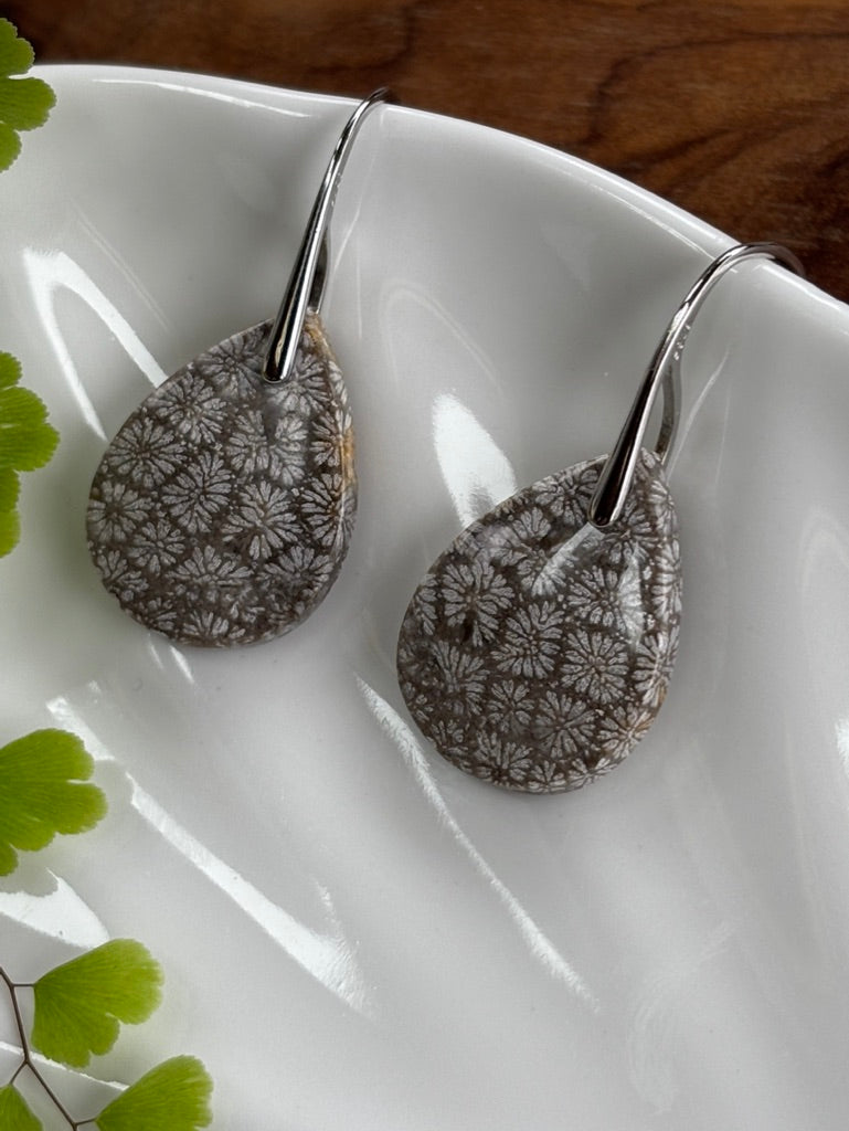 Black Fossilized Coral Dangle Earrings