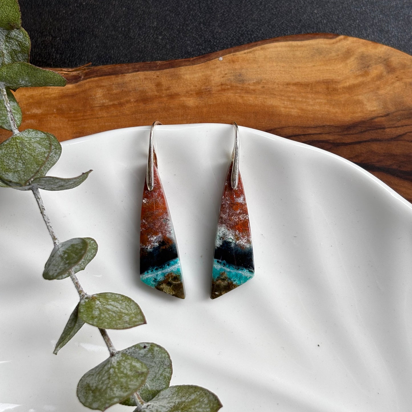 Blue Opalized Wood Dangle Earrings