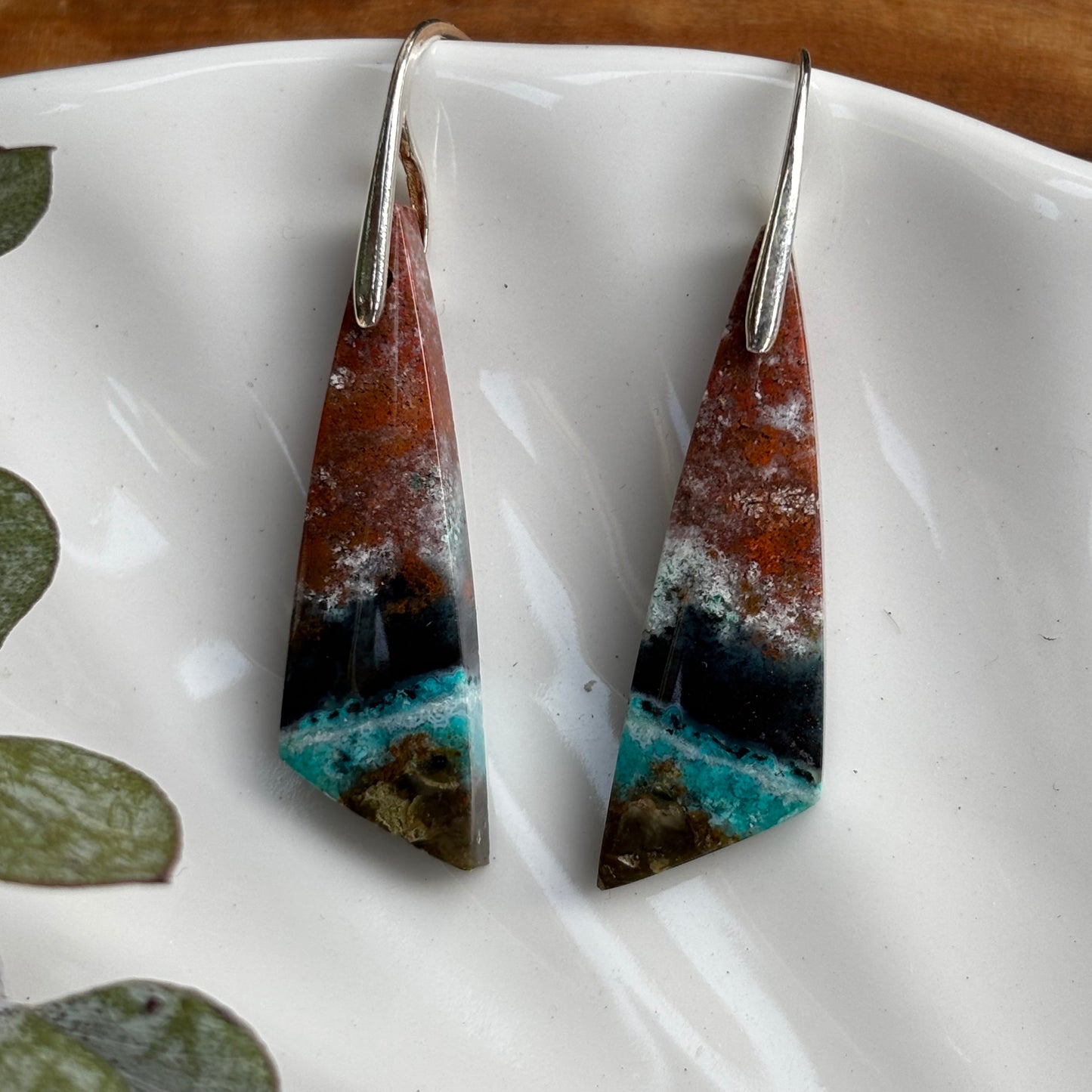 Blue Opalized Wood Dangle Earrings