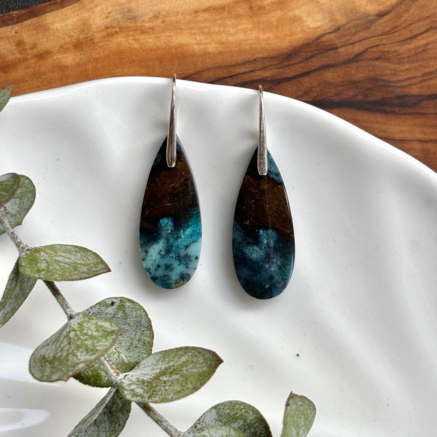 Blue Opalized Wood Dangle Earrings