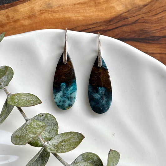 Blue Opalized Wood Dangle Earrings