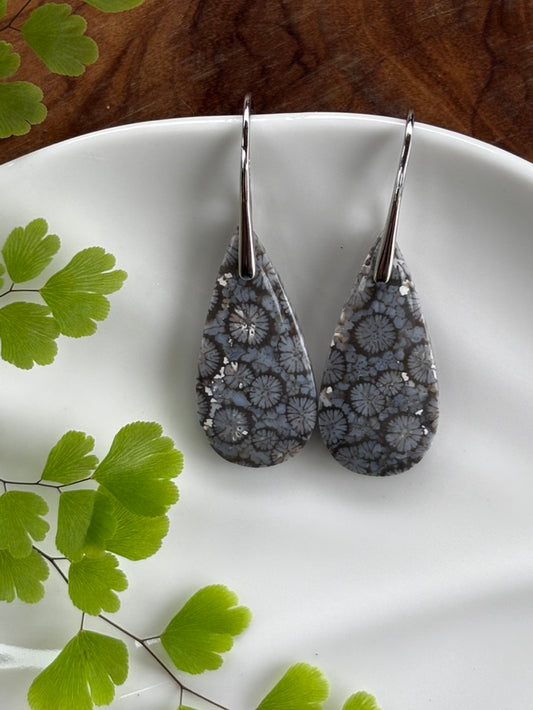 Black Fossilized Coral Dangle Earrings