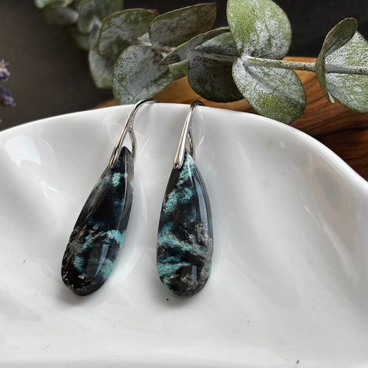 Blue Opalized Wood Drop Earrings