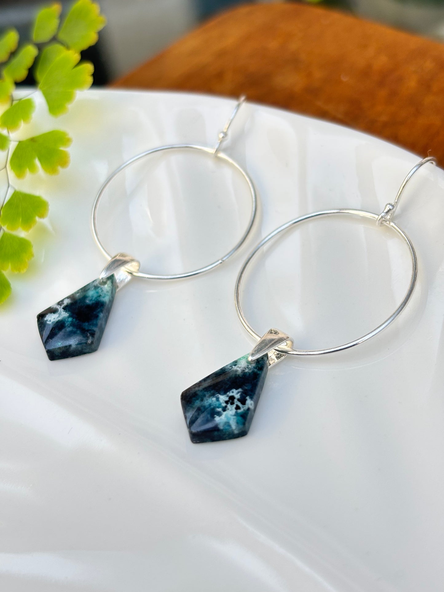 Blue Opalized Wood Dangle Earrings