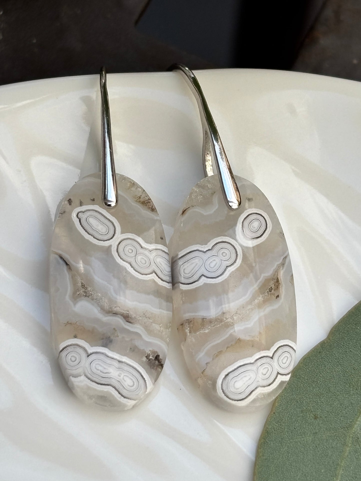Oval Crazy Lace Agate Dangle Earrings