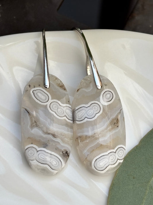 Oval Crazy Lace Agate Dangle Earrings
