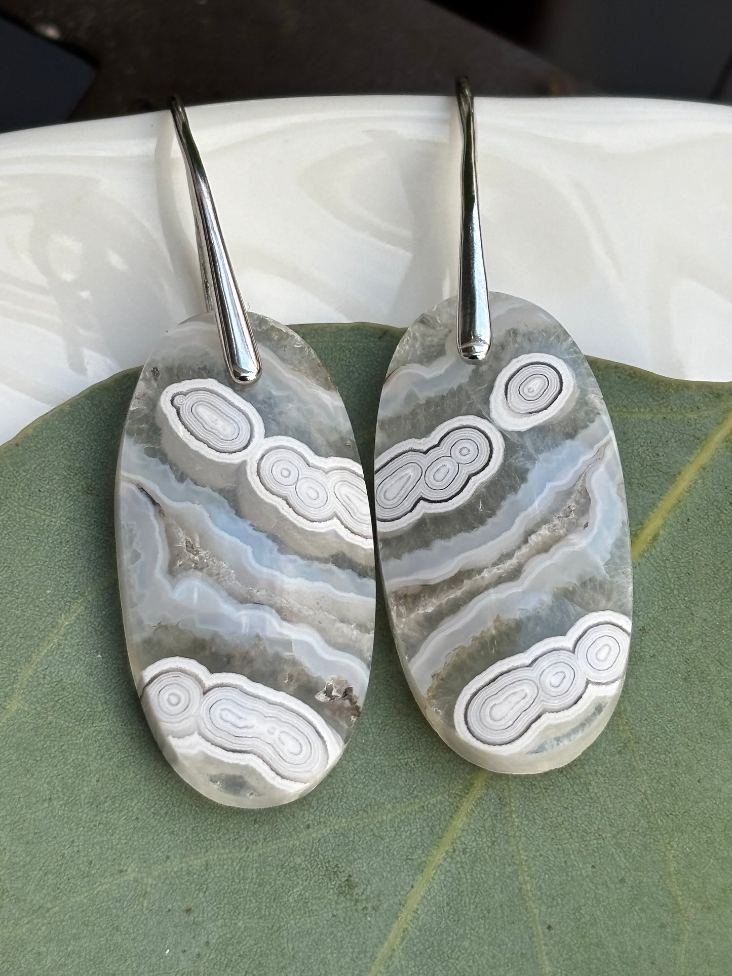 Oval Crazy Lace Agate Dangle Earrings