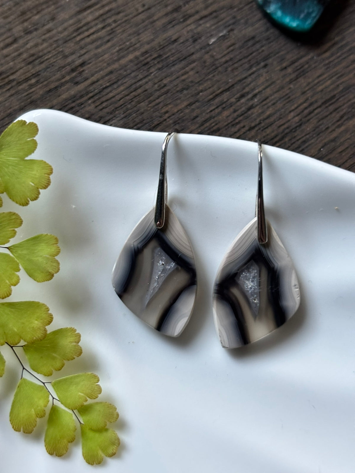 Druzy Banded Agate Black Ivory Earrings