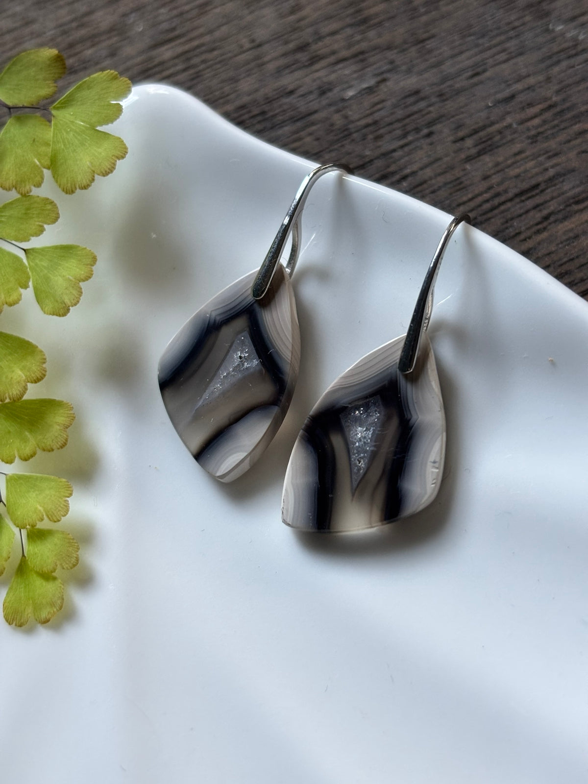 Druzy Banded Agate Black Ivory Earrings alternate view 2