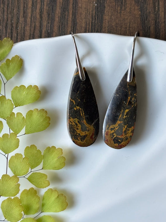 Black Picasso Jasper Charcoal Gold Earrings