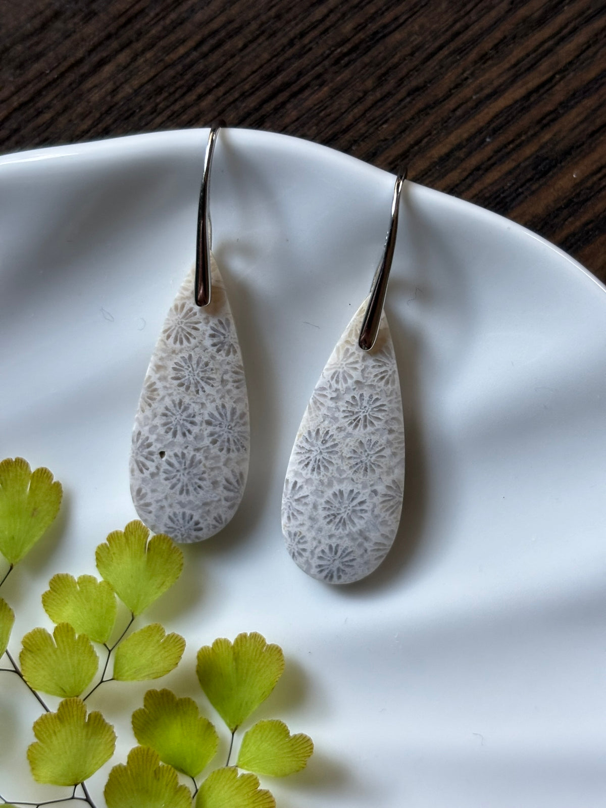 Fossilized Coral White Floral Drop Earrings