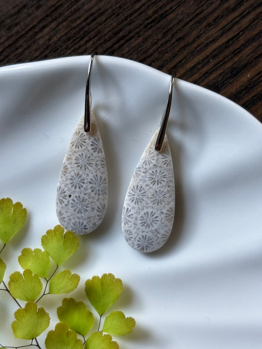Fossilized Coral White Floral Drop Earrings