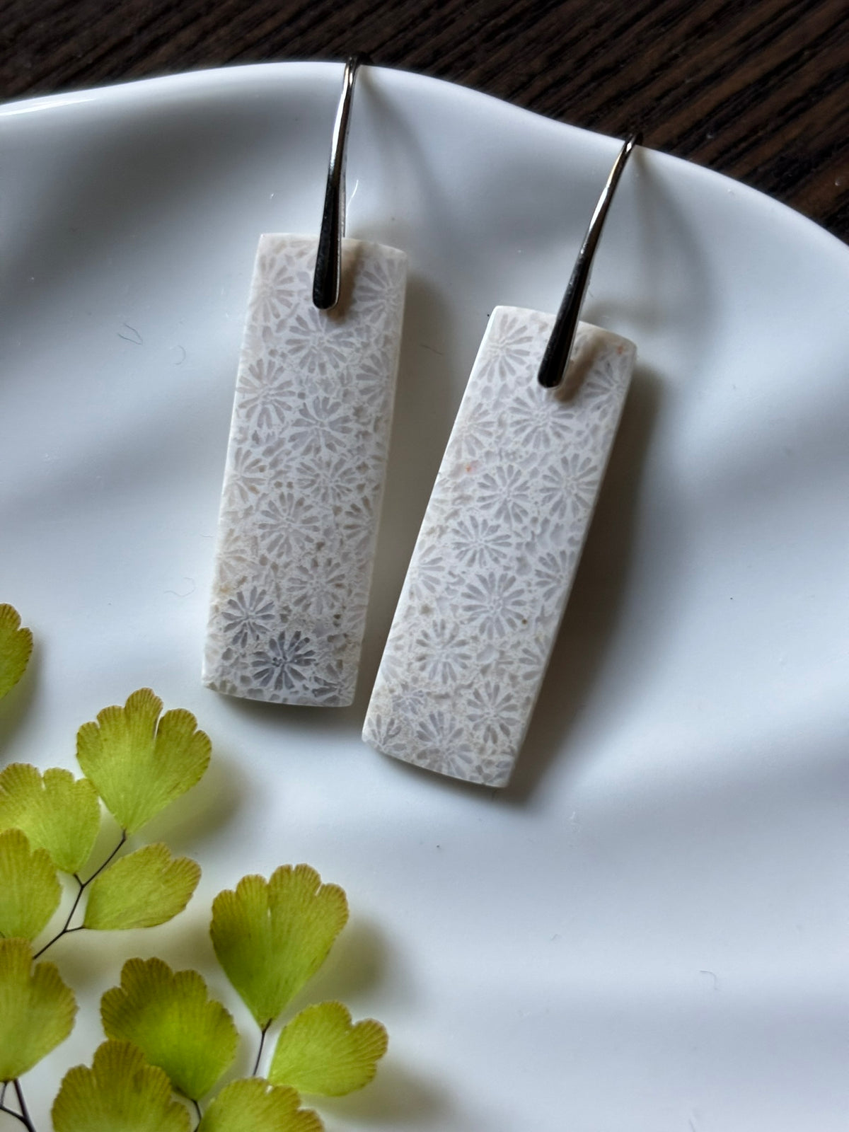 Fossilized Coral White Floral Rectangle Earrings
