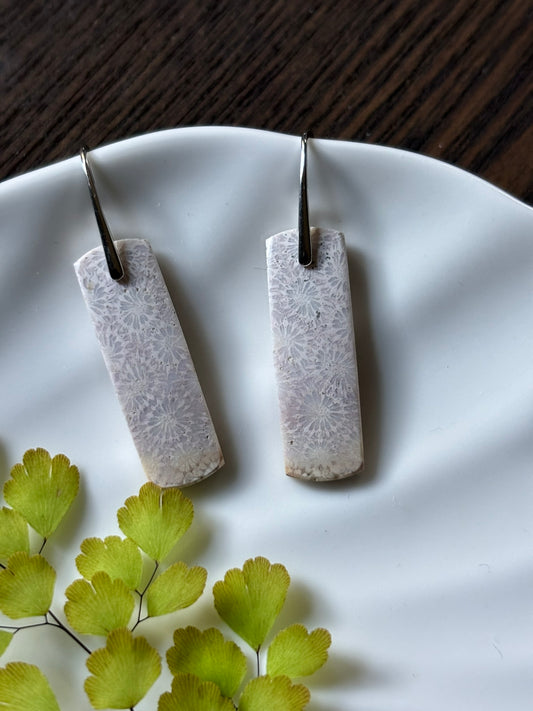 Fossilized Coral White Floral Bar Earrings