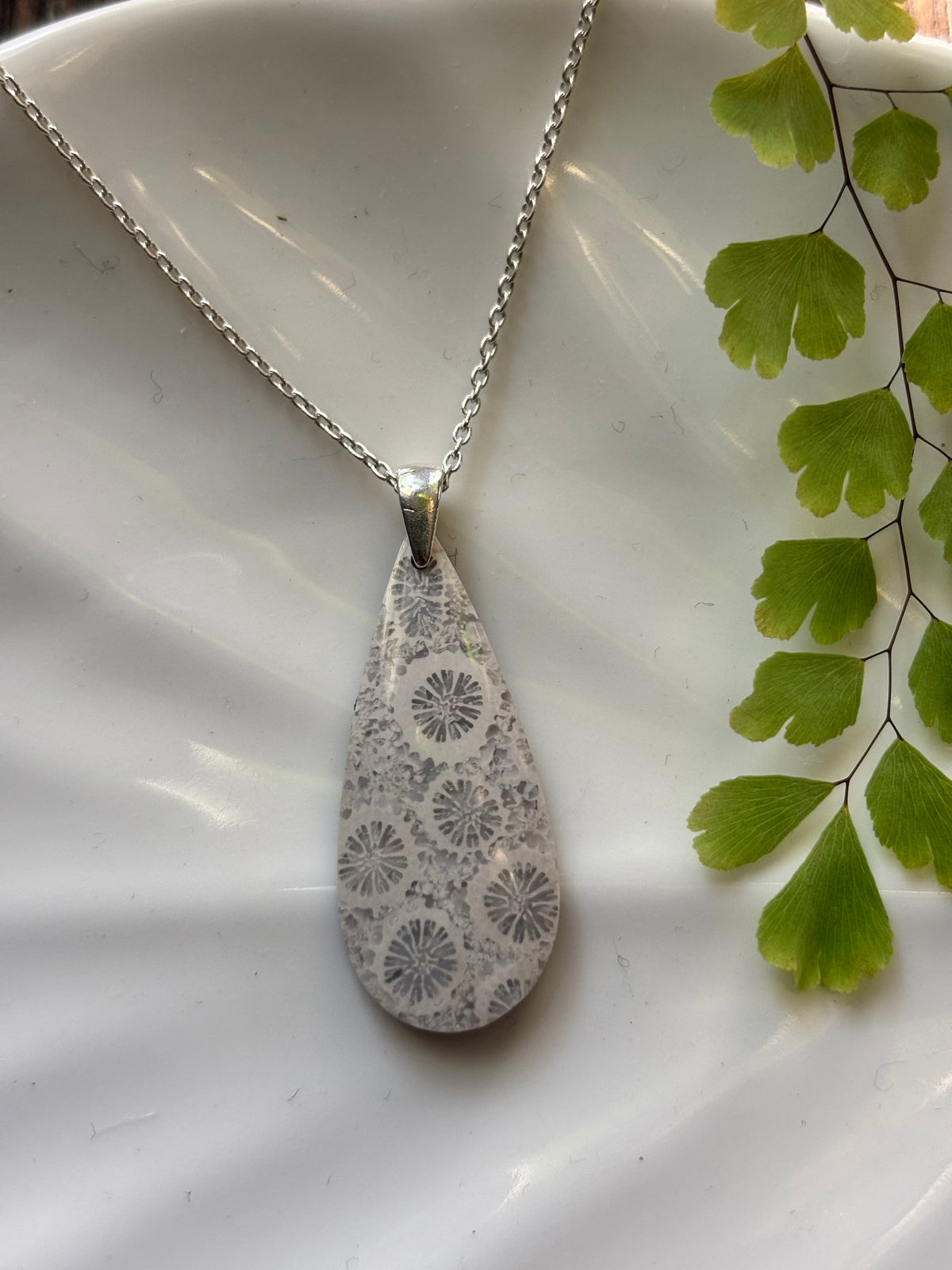 Fossilized Coral Pale Floral Drop Necklace