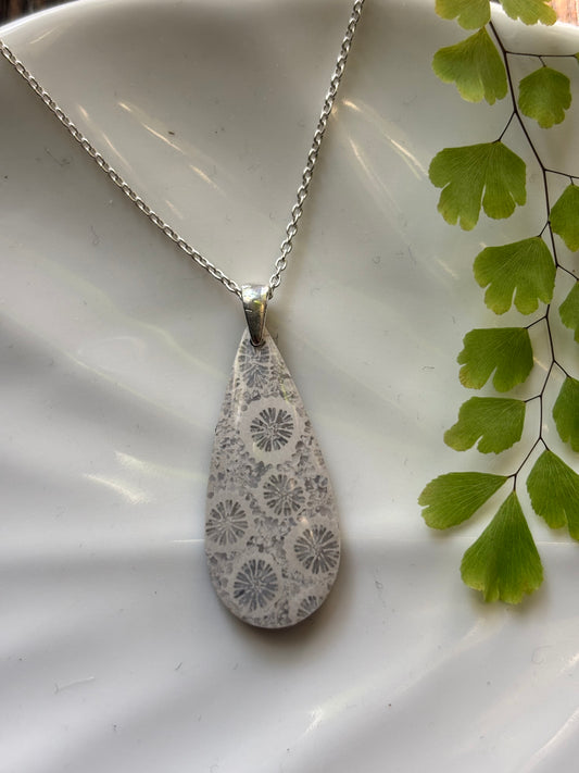 Fossilized Coral Pale Floral Drop Necklace
