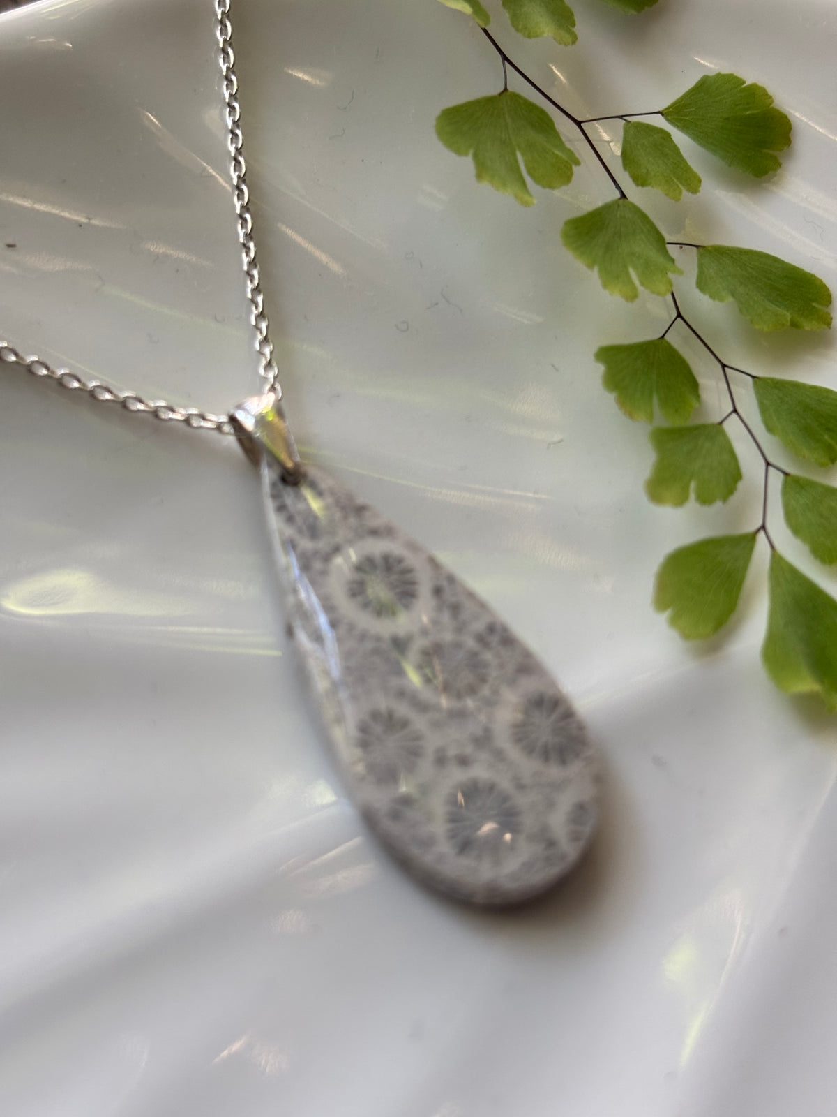 Fossilized Coral Pale Floral Drop Necklace